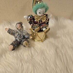 Porcelain Jester Dolls Set Hand Painted Face Stuffed Body & Cloth Costume